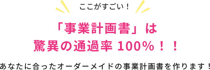 ここがすごい！「事業計画書」は驚異の通過率100％！あなたにあったオーダーメイドの事業計画書を作ります！